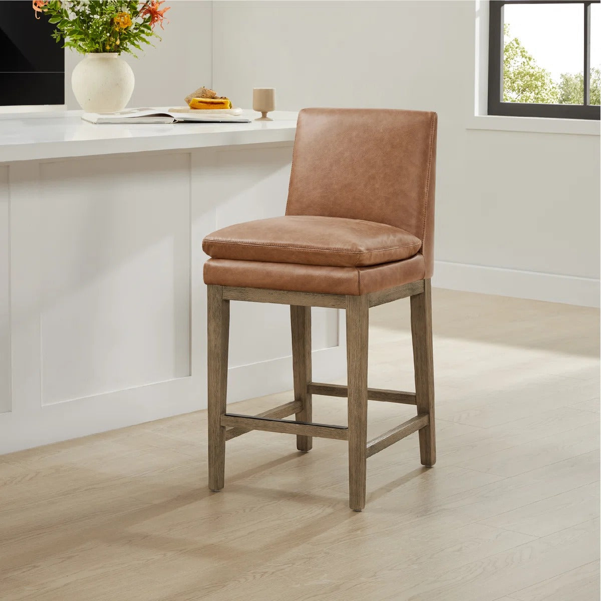 Bethea Genuine Leather Upholstered Counter Stool