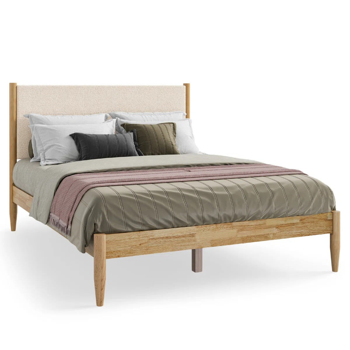 Besan Solid Wood Boucle Upholstered Headboard Bed Frame (FULL)