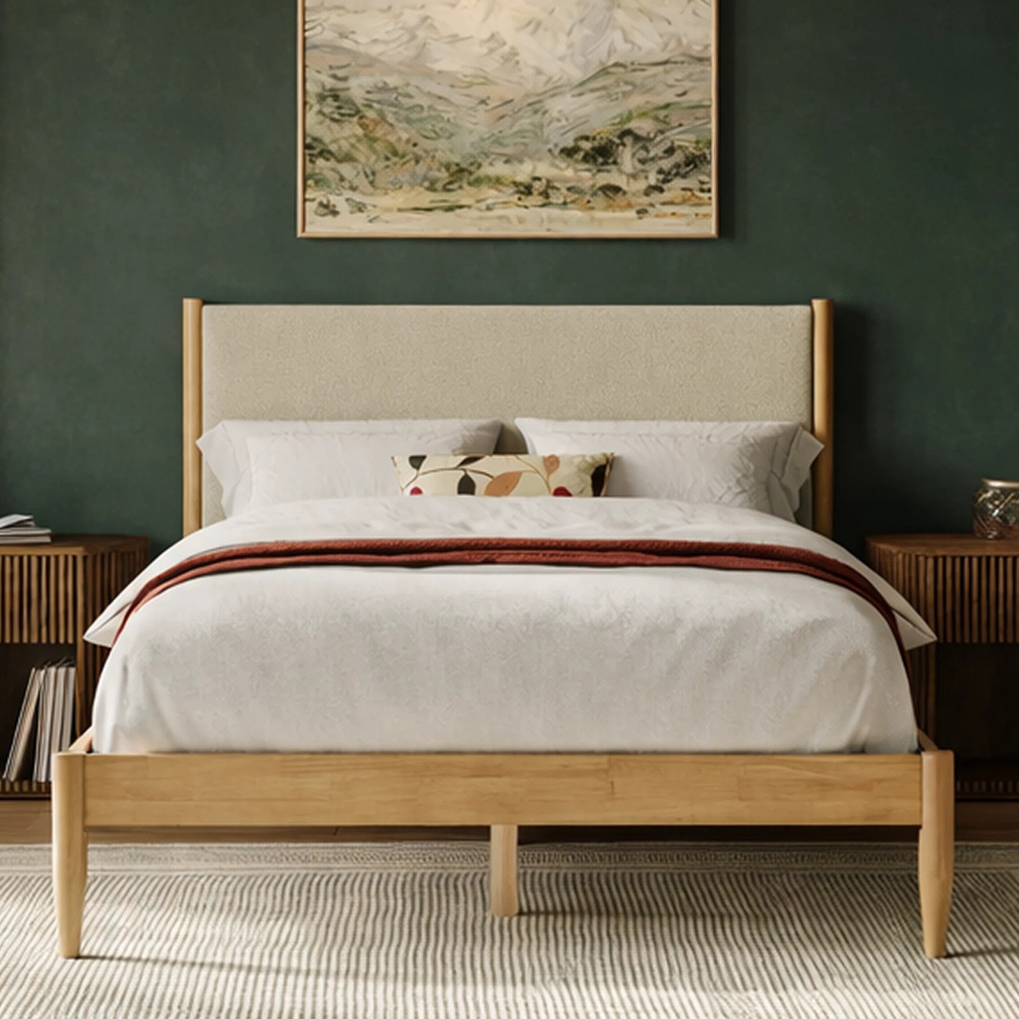 Besan Solid Wood Boucle Upholstered Headboard Bed Frame (FULL)