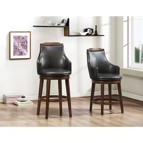 Lazzara Toulon 28 in. Burnished Oak Finish Wood Swivel Pub Height Chair with Dark Brown Faux Leather Seat (Set of 2)