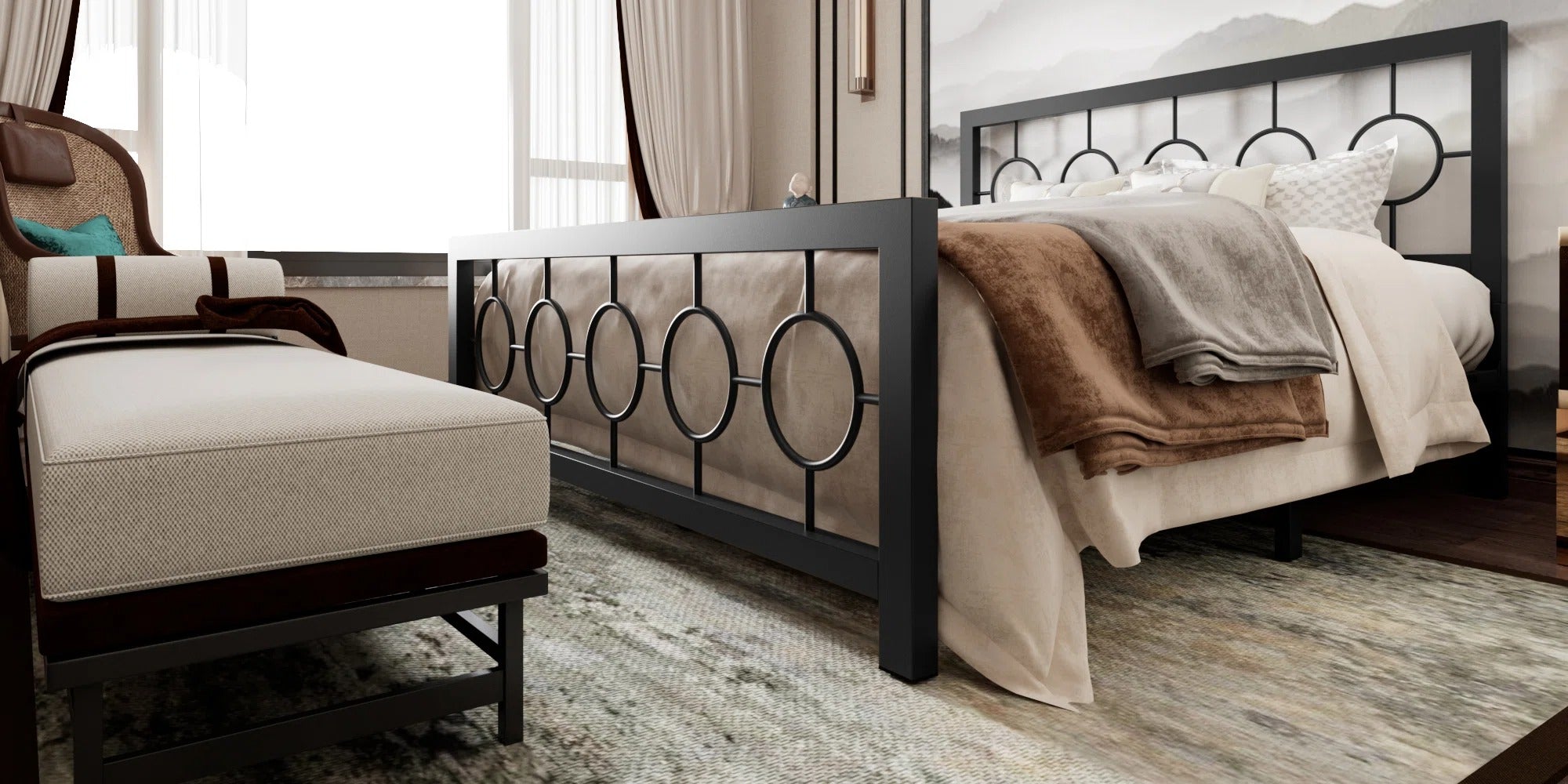 Avren Oriental Vintage Style Metal Platform Bed (KING)