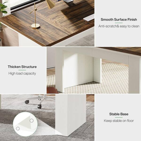 TRIBESIGNS WAY TO ORIGIN Halseey 63 in. Rectangular Brown White Wood Large Executive Computer Desk Modern Home Office Study Writing Table