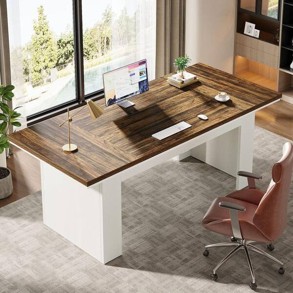 TRIBESIGNS WAY TO ORIGIN Halseey 63 in. Rectangular Brown White Wood Large Executive Computer Desk Modern Home Office Study Writing Table
